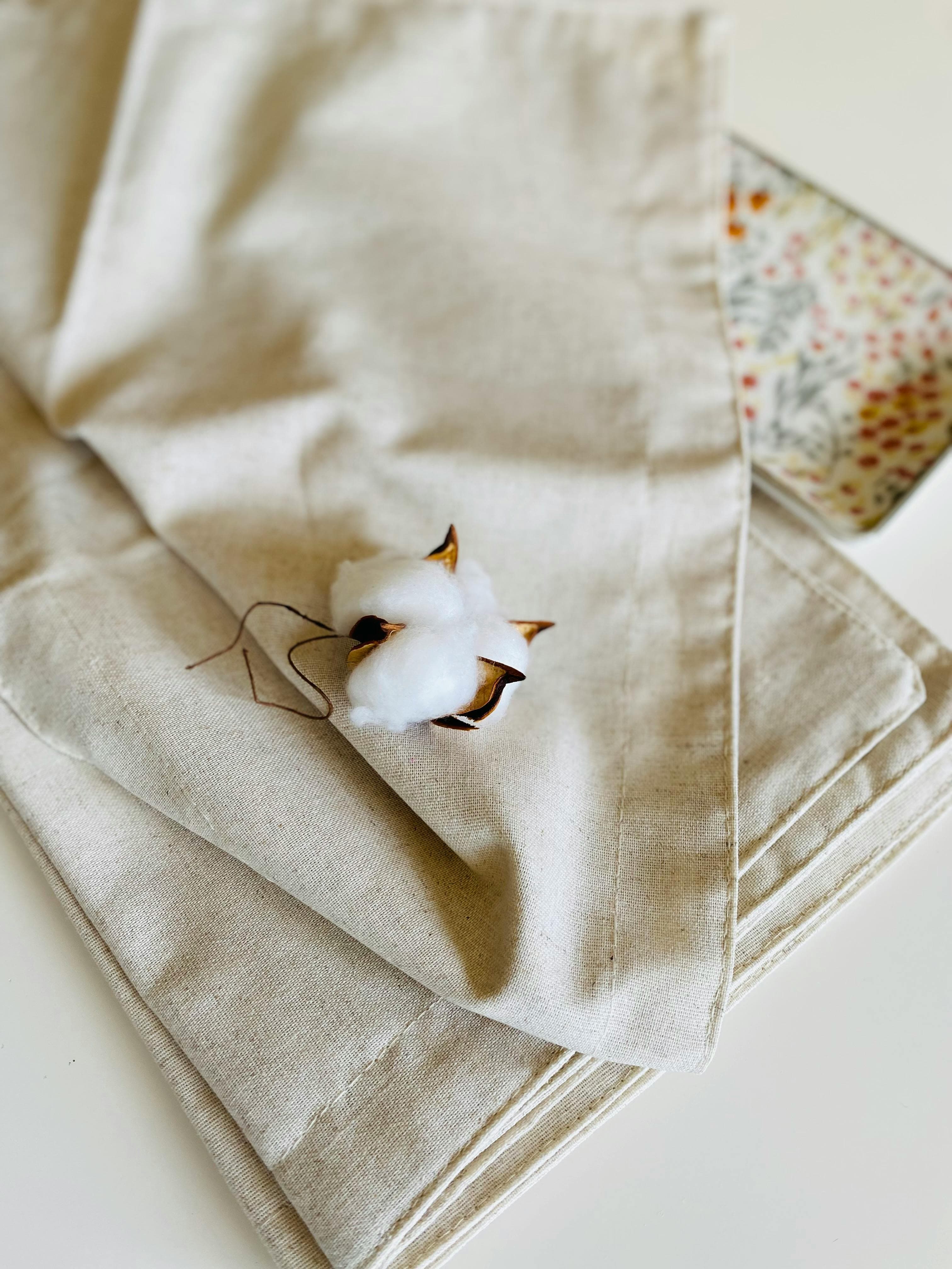 Une capsule de coton posée sur du lin écru — étude de fibre naturelle.
